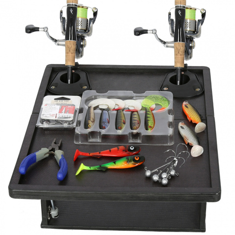 Folding table with a side for a pontoon with a holder for 2 rods Folding table with a side for a pontoon with a holder for 2 rods